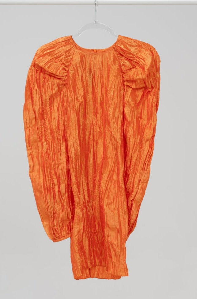 Plissé-sateen mini dress in electric orange, size XS