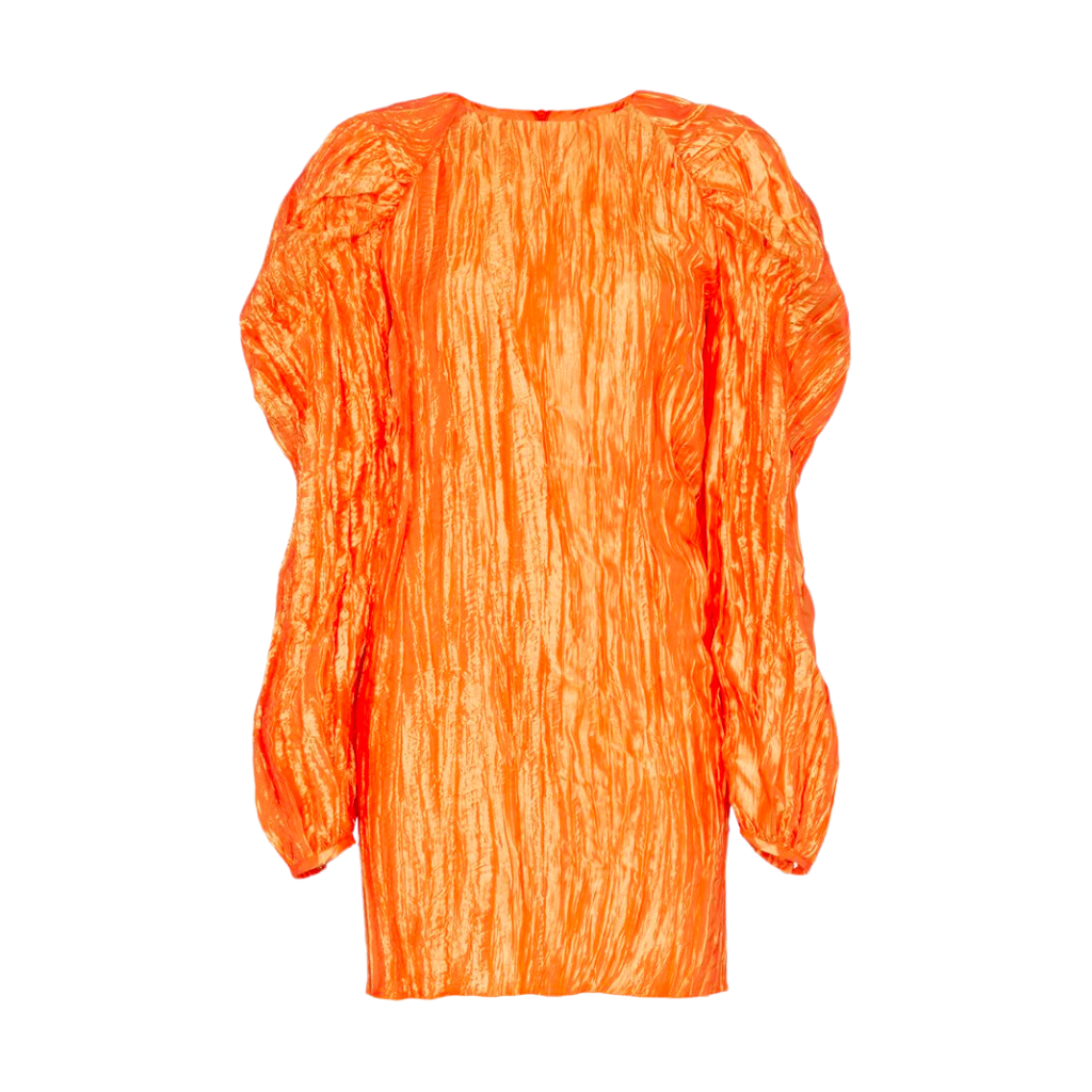 Plissé-sateen mini dress in electric orange, size XS