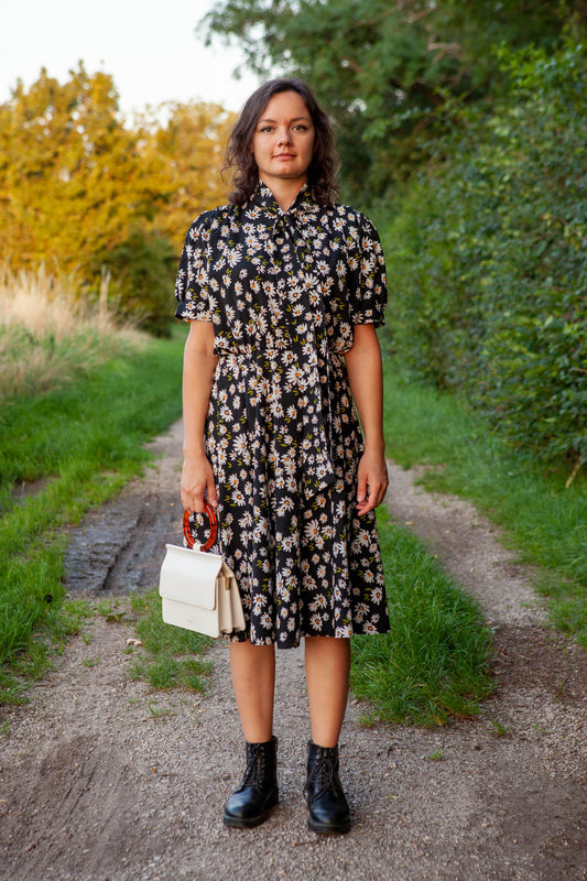 Black Silk Dress with Daisy Pattern, Size M